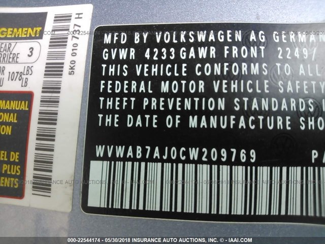 WVWAB7AJ0CW209769 - 2012 VOLKSWAGEN GOLF BLUE photo 9