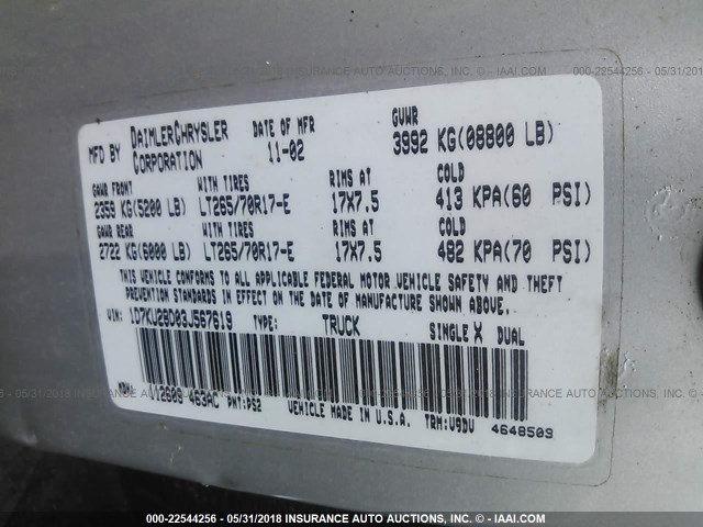 1D7KU28D03J567619 - 2003 DODGE RAM 2500 ST/SLT 银色 照片 9