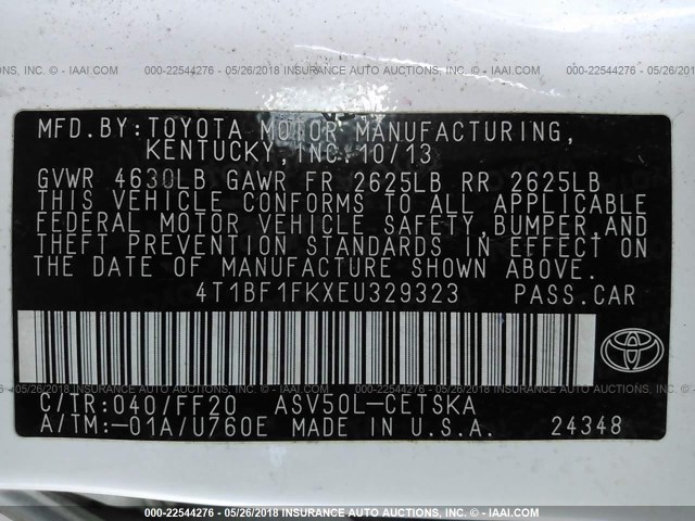 4T1BF1FKXEU329323 - 2014 TOYOTA CAMRY L/SE/LE/XLE WHITE photo 9