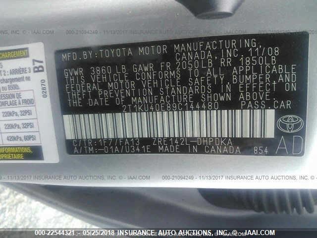 2T1KU40E89C144480 - 2009 TOYOTA COROLLA MATRIX  SILVER photo 9