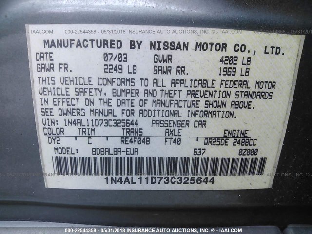 1N4AL11D73C325644 - 2003 NISSAN ALTIMA S/SL TEAL photo 9