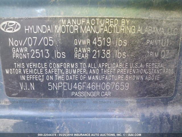 5NPEU46F46H067659 - 2006 HYUNDAI SONATA GLS/LX BLUE photo 9