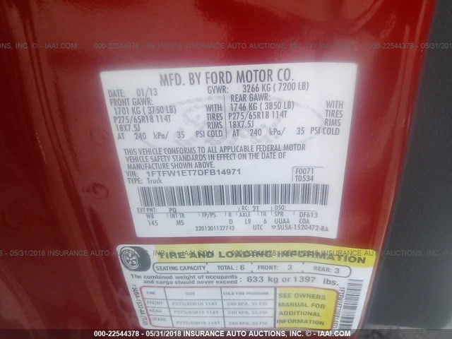 1FTFW1ET7DFB14971 - 2013 FORD F150 SUPERCREW RED photo 9