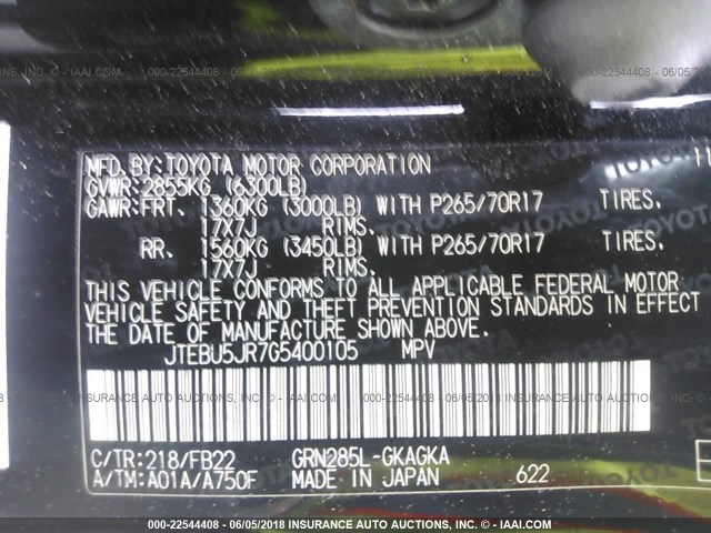 JTEBU5JR7G5400105 - 2016 TOYOTA 4RUNNER SR5 PREM/LTDL/TRAIL/TRD 黑色 照片 9