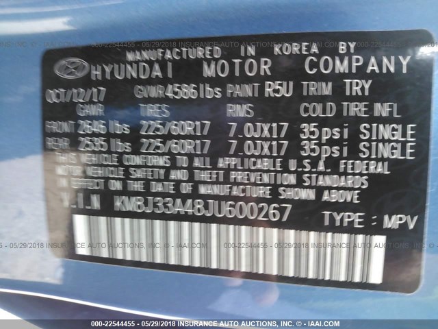 KM8J33A48JU600267 - 2018 HYUNDAI TUCSON LIMITED/SPORT AND ECO/SE BLUE photo 9