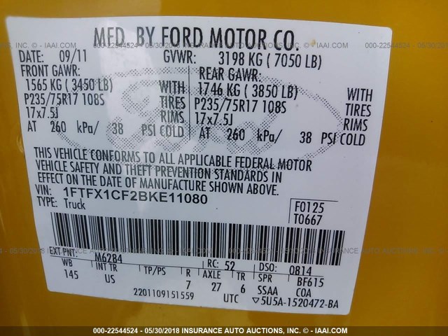 1FTFX1CF2BKE11080 - 2011 FORD F150 SUPER CAB YELLOW photo 9