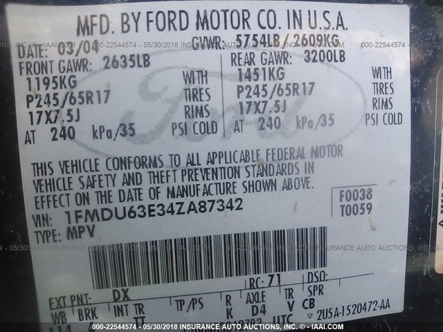 1FMDU63E34ZA87342 - 2004 FORD EXPLORER XLT/XLT SPORT/NBX 蓝色 照片 9