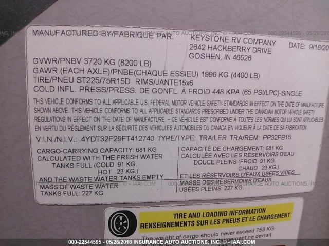 4YDT32F29FT412740 - 2015 KEYSTONE CT  WHITE photo 9