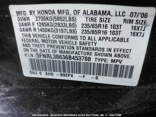 5FNRL38636B453788 - 2006 HONDA ODYSSEY EXL BLACK photo 9