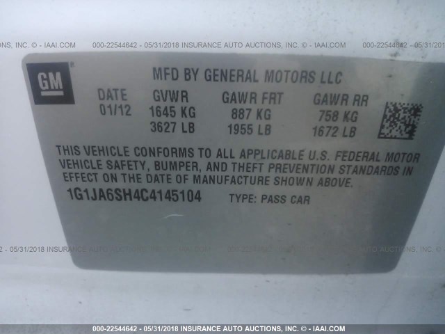 1G1JA6SH4C4145104 - 2012 CHEVROLET SONIC LS WHITE photo 9