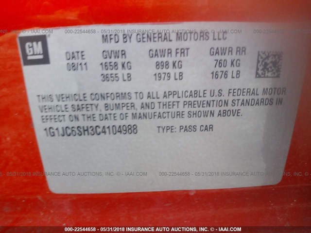 1G1JC6SH3C4104988 - 2012 CHEVROLET SONIC LT ORANGE photo 9