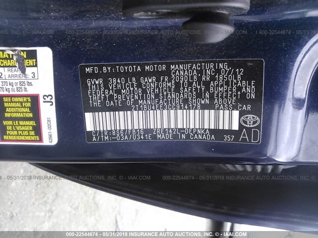 2T1BU4EE3CC914178 - 2012 TOYOTA COROLLA S/LE BLUE photo 9