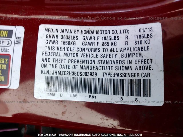 JHMZE2H35DS003939 - 2013 HONDA INSIGHT RED photo 9