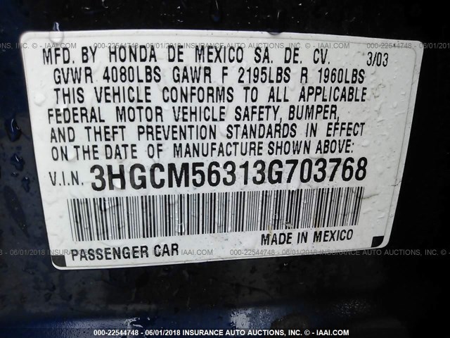 3HGCM56313G703768 - 2003 HONDA ACCORD LX BLUE photo 9