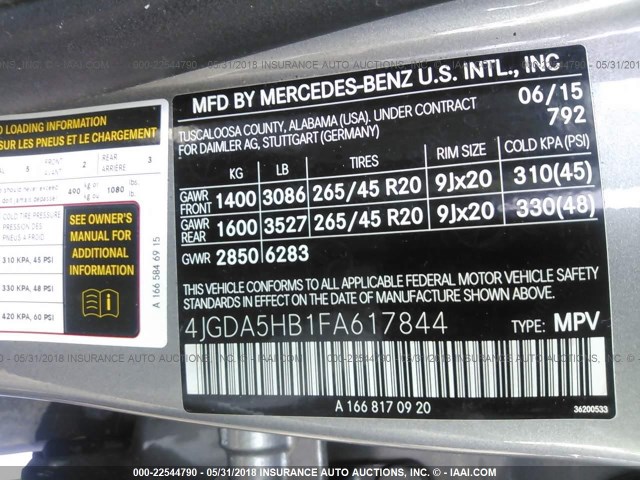 4JGDA5HB1FA617844 - 2015 MERCEDES-BENZ ML 350 4MATIC GRAY photo 9