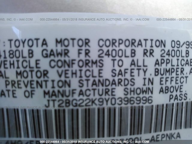 JT2BG22K9Y0396996 - 2000 TOYOTA CAMRY CE/LE/XLE ოქროსფერი ფოტო 9