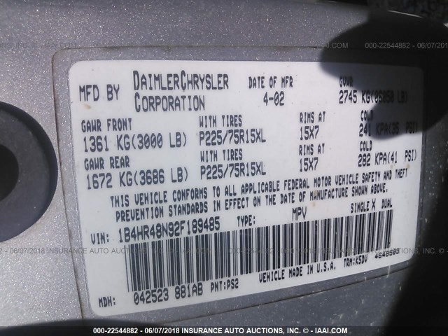 1B4HR48N92F189485 - 2002 DODGE DURANGO SLT SILVER photo 9