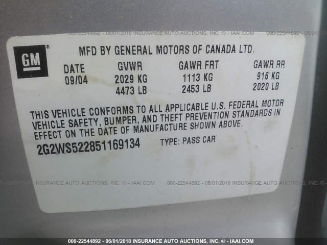 2G2WS522851169134 - 2005 PONTIAC GRAND PRIX GT GRAY photo 9