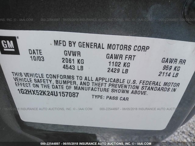 1G2HX52K24U157087 - 2004 PONTIAC BONNEVILLE SE GRAY photo 9