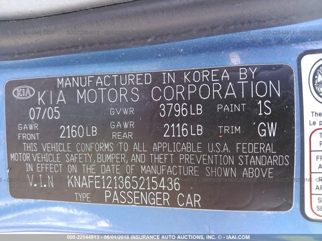 KNAFE121365215436 - 2006 KIA NEW SPECTRA LX/EX BLUE photo 9