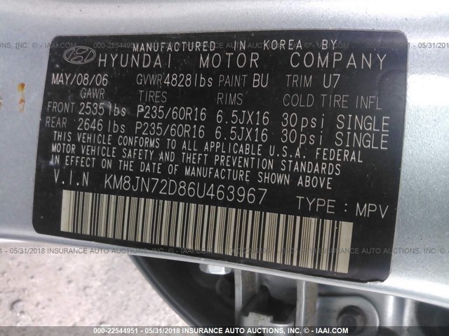 KM8JN72D86U463967 - 2006 HYUNDAI TUCSON GLS/LIMITED Light Blue photo 9