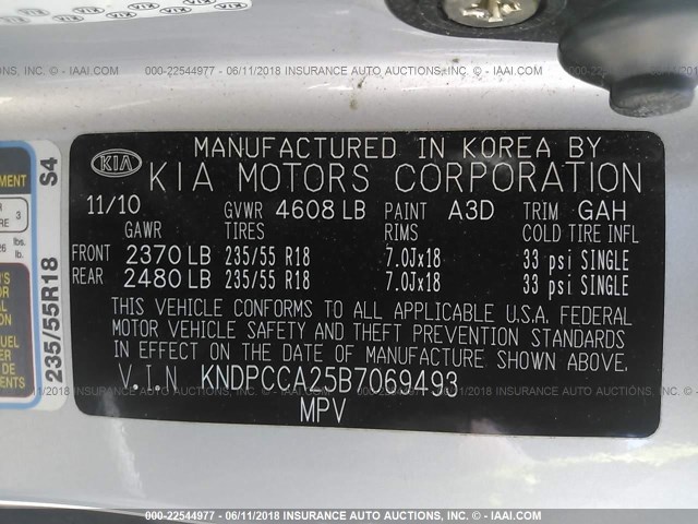 KNDPCCA25B7069493 - 2011 KIA SPORTAGE EX/SX SILVER photo 9