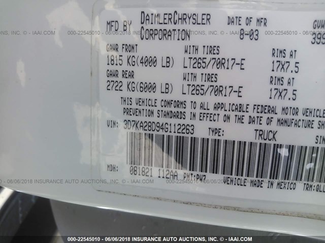 3D7KA28D94G112263 - 2004 DODGE RAM 2500 ST/SLT 白色 照片 9