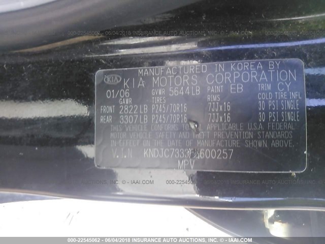 KNDJC733365600257 - 2006 KIA SORENTO EX/LX BLACK photo 9