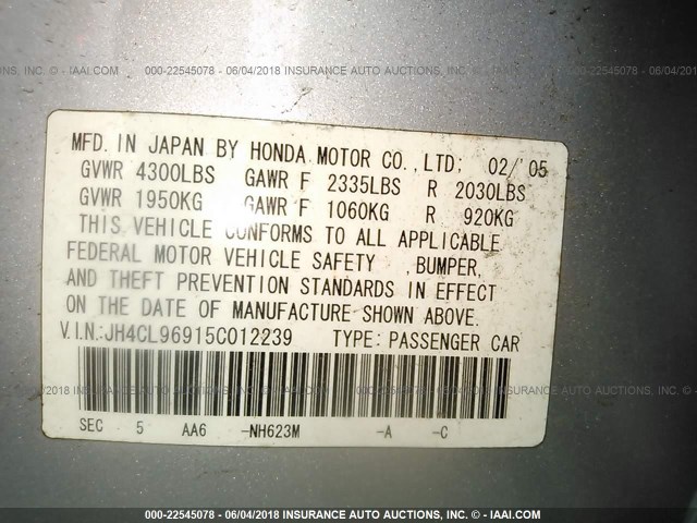 JH4CL96915C012239 - 2005 ACURA TSX GRAY photo 9