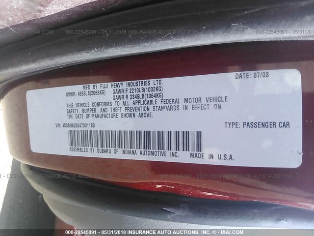 4S3BH625047301183 - 2004 SUBARU LEGACY L SPECIAL RED photo 9