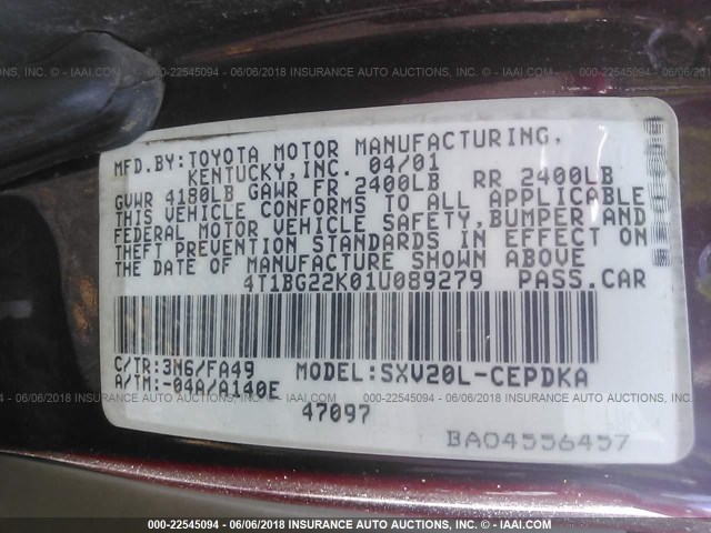 4T1BG22K01U089279 - 2001 TOYOTA CAMRY CE/LE/XLE 栗色 照片 9