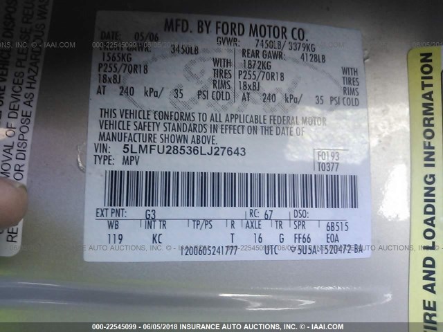 5LMFU28536LJ27643 - 2006 LINCOLN NAVIGATOR 金色 照片 9