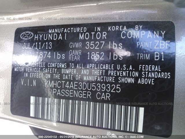 KMHCT4AE3DU539325 - 2013 HYUNDAI ACCENT GLS/GS GRAY photo 9