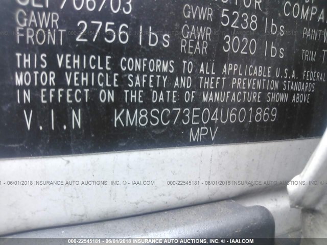 KM8SC73E04U601869 - 2004 HYUNDAI SANTA FE GLS/LX WHITE photo 9