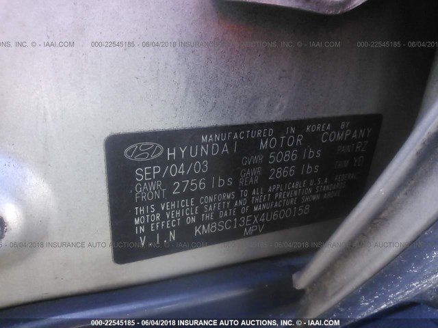 KM8SC13EX4U600158 - 2004 HYUNDAI SANTA FE GLS/LX SILVER photo 9