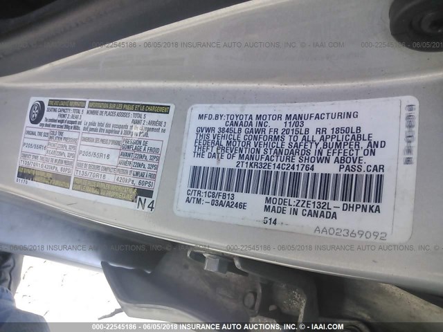 2T1KR32E14C241764 - 2004 TOYOTA COROLLA MATRIX XR GRAY photo 9