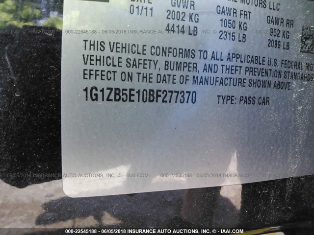 1G1ZB5E10BF277370 - 2011 CHEVROLET MALIBU LS შავი ფოტო 9