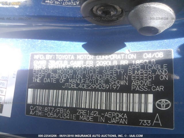 JTDBL40E299039197 - 2009 TOYOTA COROLLA LE/XLE BLUE photo 9