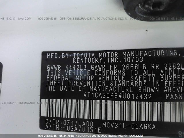 4T1CA30P64U012432 - 2004 TOYOTA CAMRY SOLARA SE/SLE თეთრი ფოტო 9