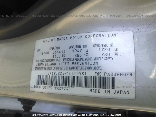 JM1BJ225X10415581 - 2001 MAZDA PROTEGE LX/ES ოქროსფერი ფოტო 9