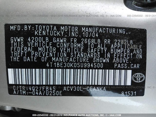 4T1BE30K05U994500 - 2005 TOYOTA CAMRY LE/XLE/SE ბეჟი ფოტო 9