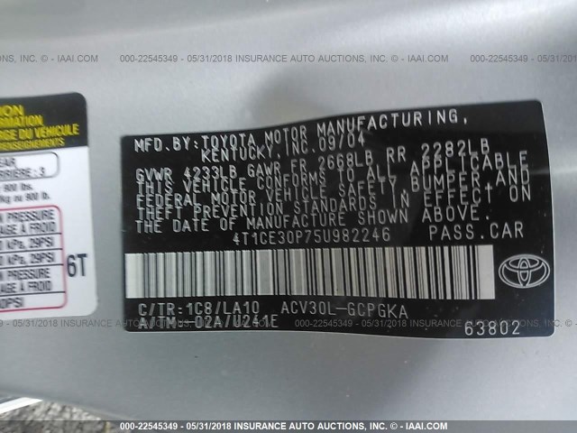 4T1CE30P75U982246 - 2005 TOYOTA CAMRY SOLARA SE/SLE Gümüş foto 9