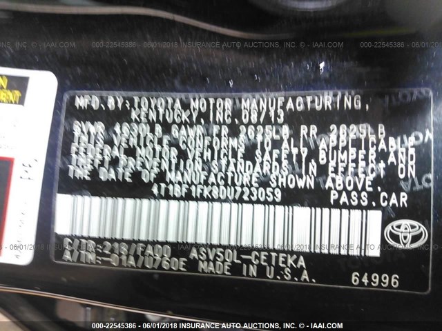 4T1BF1FK8DU723059 - 2013 TOYOTA CAMRY L/SE/LE/XLE 黑色 照片 9