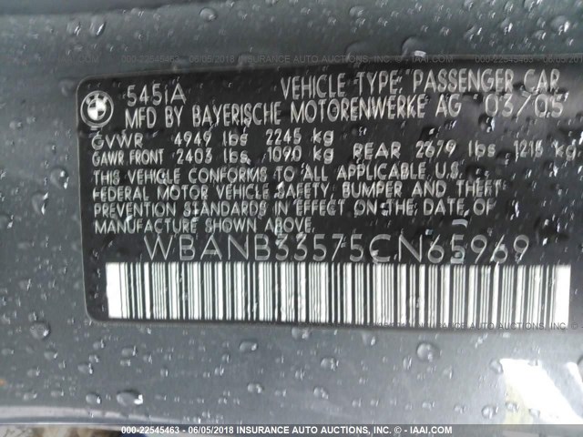 WBANB33575CN65969 - 2005 BMW 545 I GRAY photo 9