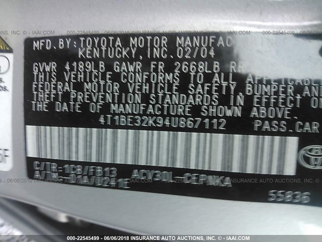 4T1BE32K94U867112 - 2004 TOYOTA CAMRY LE/XLE/SE ვერცხლისფერი ფოტო 9