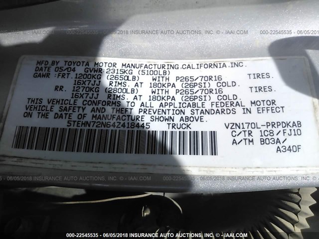 5TEHN72N64Z418445 - 2004 TOYOTA TACOMA DOUBLE CAB 银色 照片 9