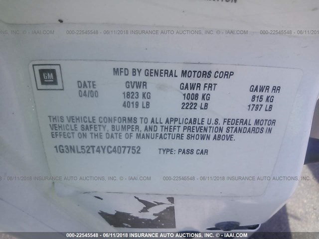 1G3NL52T4YC407752 - 2000 OLDSMOBILE ALERO GL თეთრი ფოტო 9