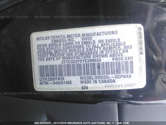 2T1CG22P9YC399930 - 2000 TOYOTA CAMRY SOLARA SE BLACK photo 9