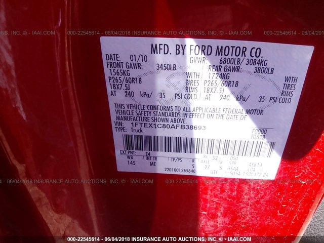 1FTEX1C80AFB38693 - 2010 FORD F150 SUPER CAB RED photo 9