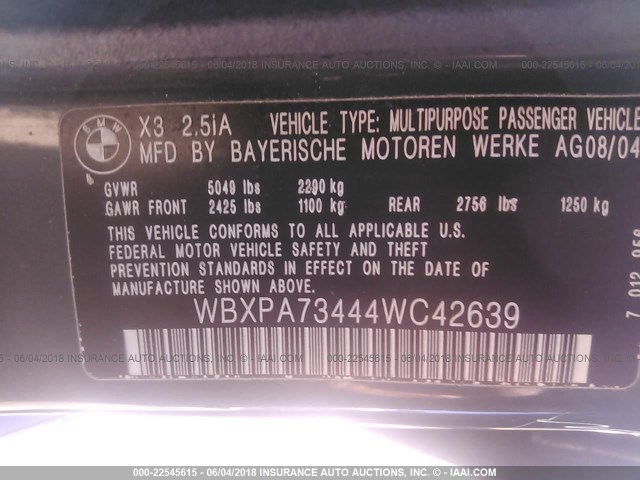 WBXPA73444WC42639 - 2004 BMW X3 2.5I BLACK photo 9